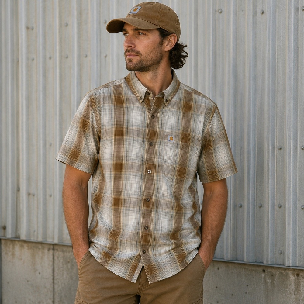 Carhartt Plaid Button Down Shirt Mens M Brown Short Sleeve Relaxed Fit Workwear